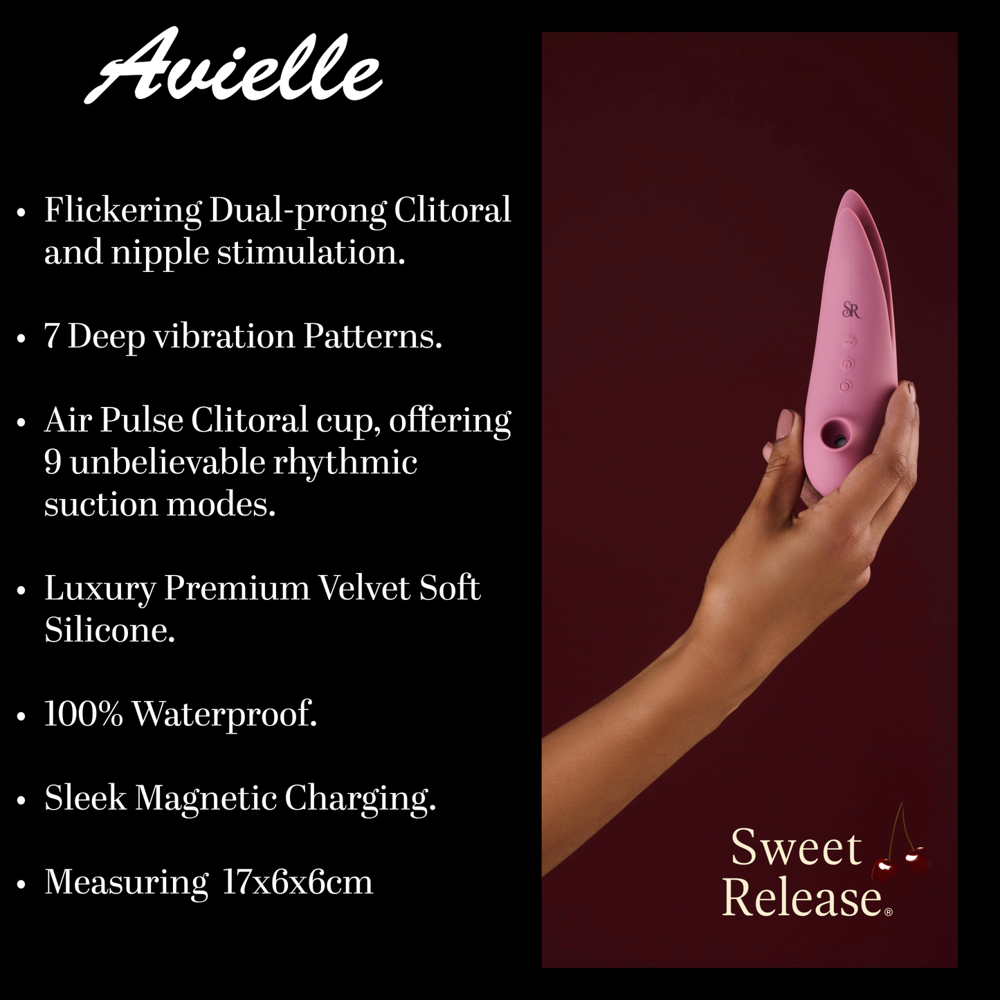 Sweet Release® Avielle Dual-Prong Clitoral Stimulating Sex Toys– Platinum Velvet Silicone Air Pulse Vibrator with Suction & Vibration | Platinum-Grade, Waterproof