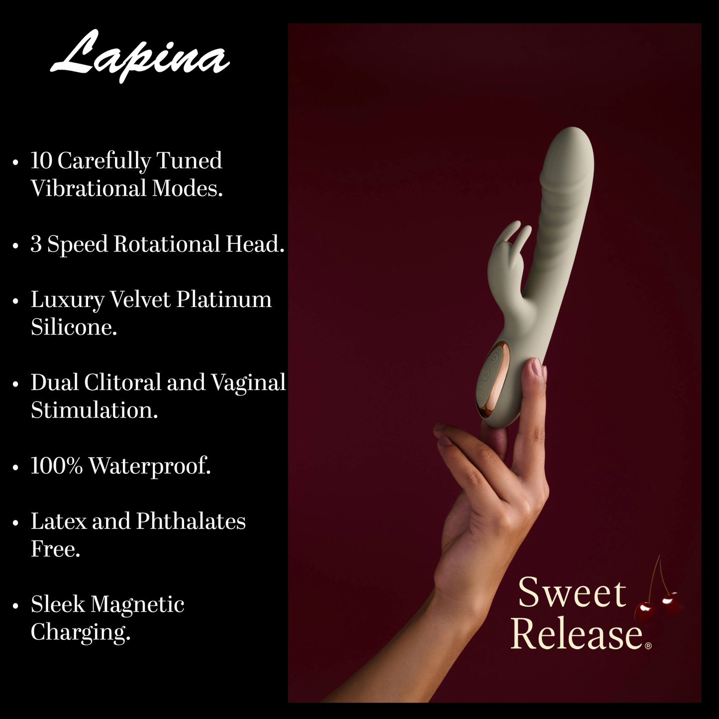 Rabbit Vibrator Lapina Sex Toy by Sweet Release – Luxury Velvet Platinum Silicone, Dual Stimulation, 10 Vibe Modes & 3-Speed Rotational Head – Waterproof, G-Spot & Clitoral Stimulator