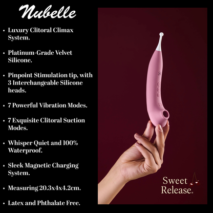 Sweet Release® Nubelle – Climax System Luxury Clitoral Pinpoint Stimulating Sex Toys - with Air Suction + Vibration | 3 Interchangeable Tips | 7 Suction & 7 Vibe Modes | Platinum Velvet Silicone