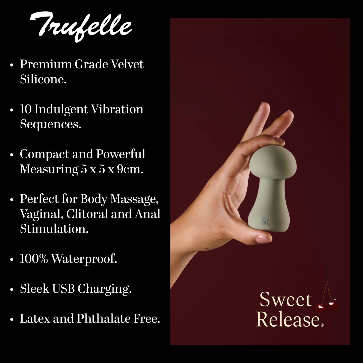Sweet Release Trufelle Luxury Mushroom Vibrator  – Velvet Platinum Silicone, 10 Vibration Modes, 100% Waterproof, Body-Safe, Magnetic Charging – Multi-Use Massager (Latex & Phthalate-Free)